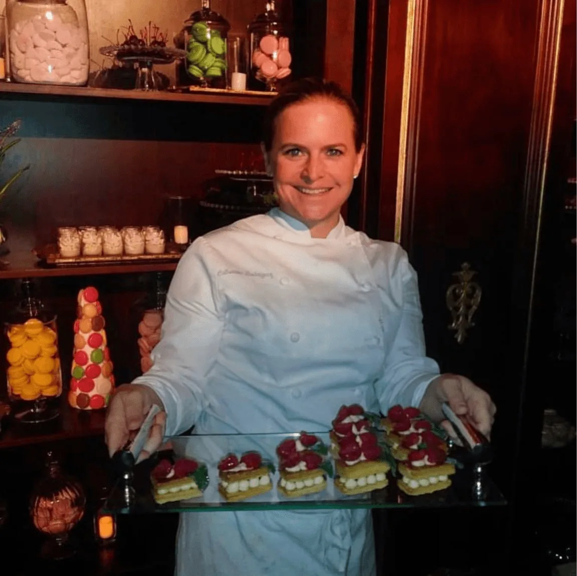 Chef Catherine presenting desserts
